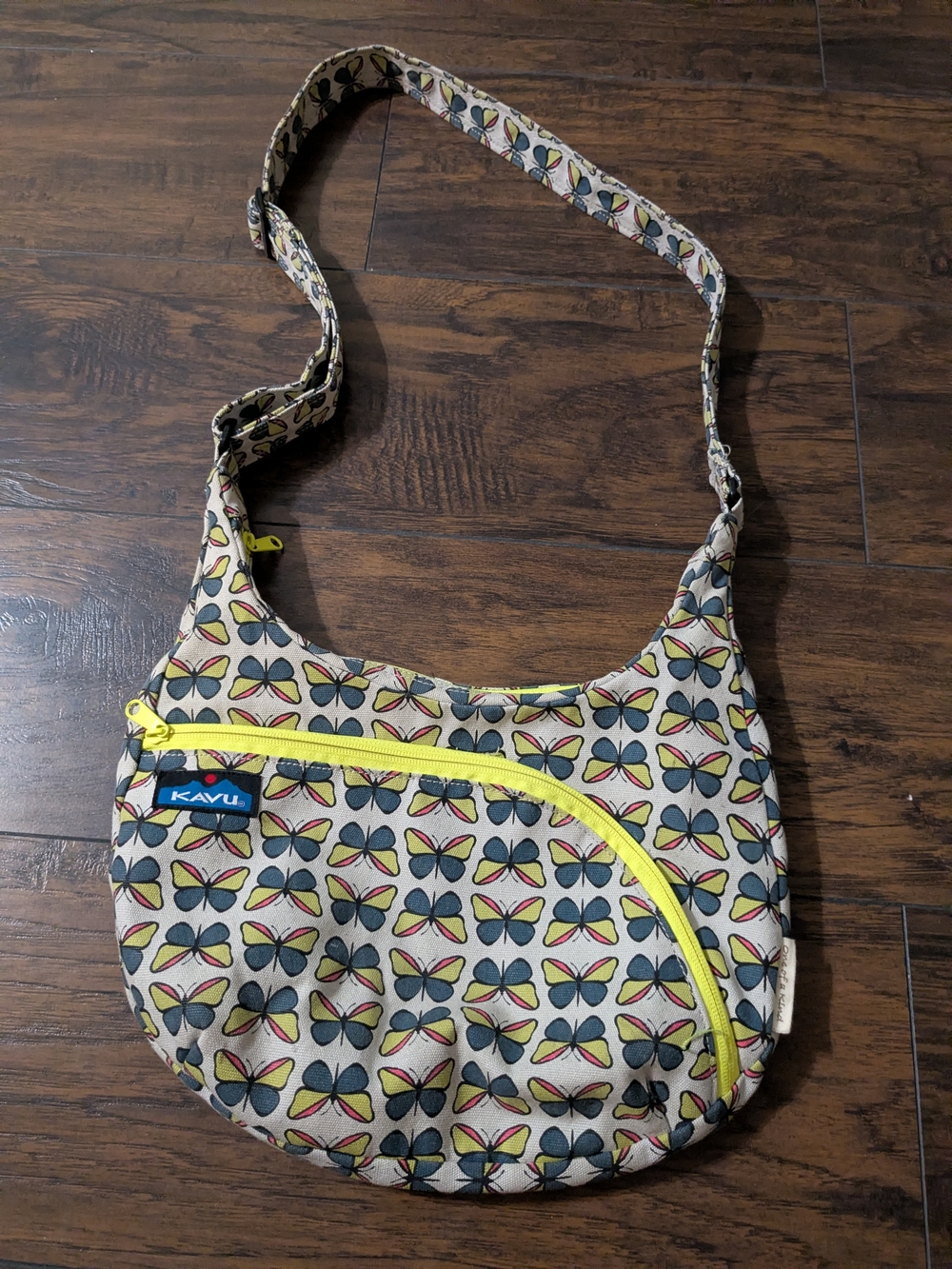 Kavu Sydney Satchel Bag with Multicolor Butterfly Print and Yellow Trim